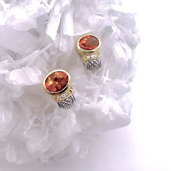 Judith Ripka JR TWO Sterling Silver 18K Gold Citrine & Diamond Huggie Earrings - Picture 2 of 12